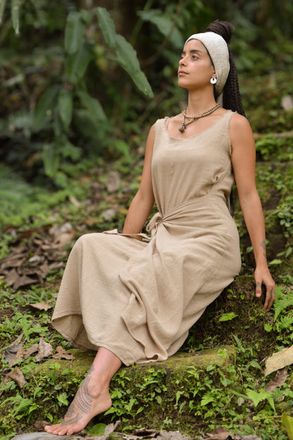 SOFI Wrap Dress Light Brown Soft Breathable Natural Cotton Festival Ritual Resort Womens Boho Wear AJJAYA