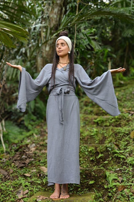 MIRA Grey Womens Kimono Dress Japanese Robe Arm Flairs Soft Breathable Cotton Festival Ritual Resort Wear AJJAYA