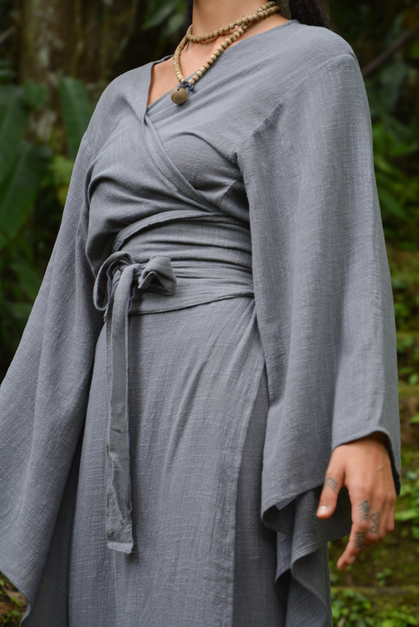 MIRA Grey Womens Kimono Dress Japanese Robe Arm Flairs Soft Breathable Cotton Festival Ritual Resort Wear AJJAYA