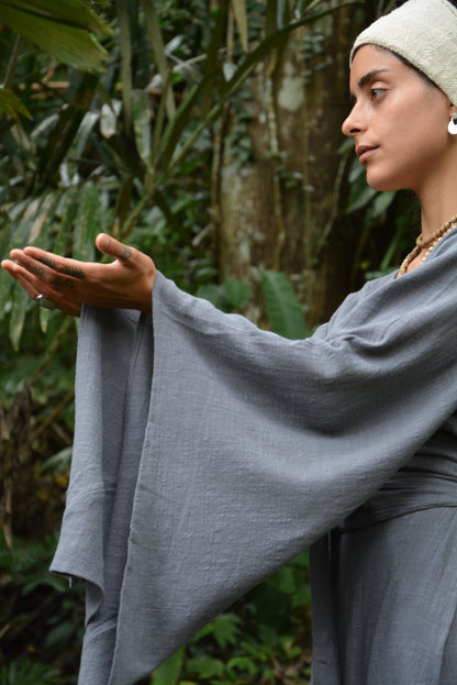 MIRA Grey Womens Kimono Dress Japanese Robe Arm Flairs Soft Breathable Cotton Festival Ritual Resort Wear AJJAYA