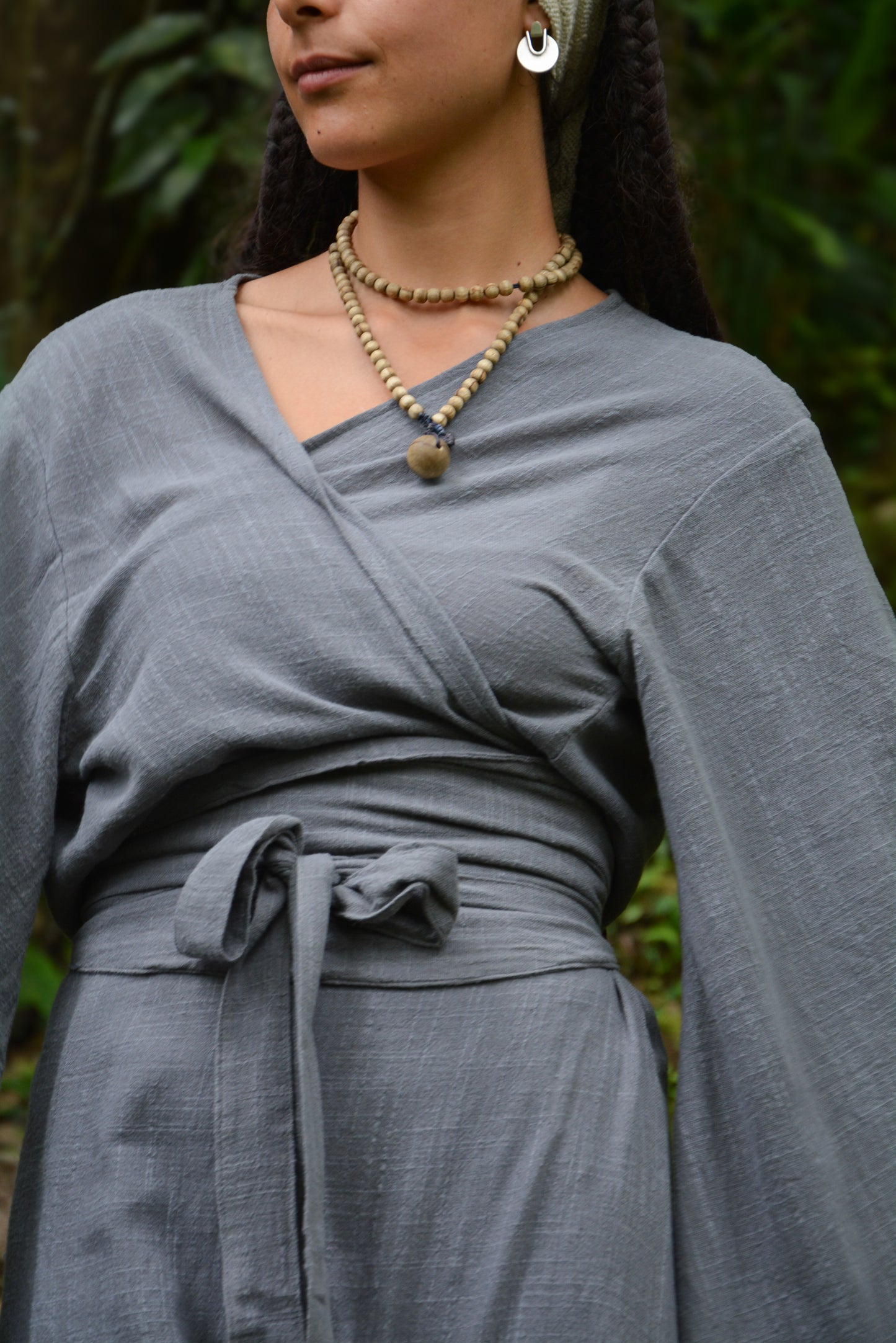 MIRA Grey Womens Kimono Dress Japanese Robe Arm Flairs Soft Breathable Cotton Festival Ritual Resort Wear AJJAYA