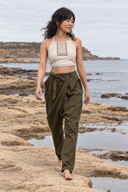 Womens Drop Crotch Afghani Harem Pants Olive Green