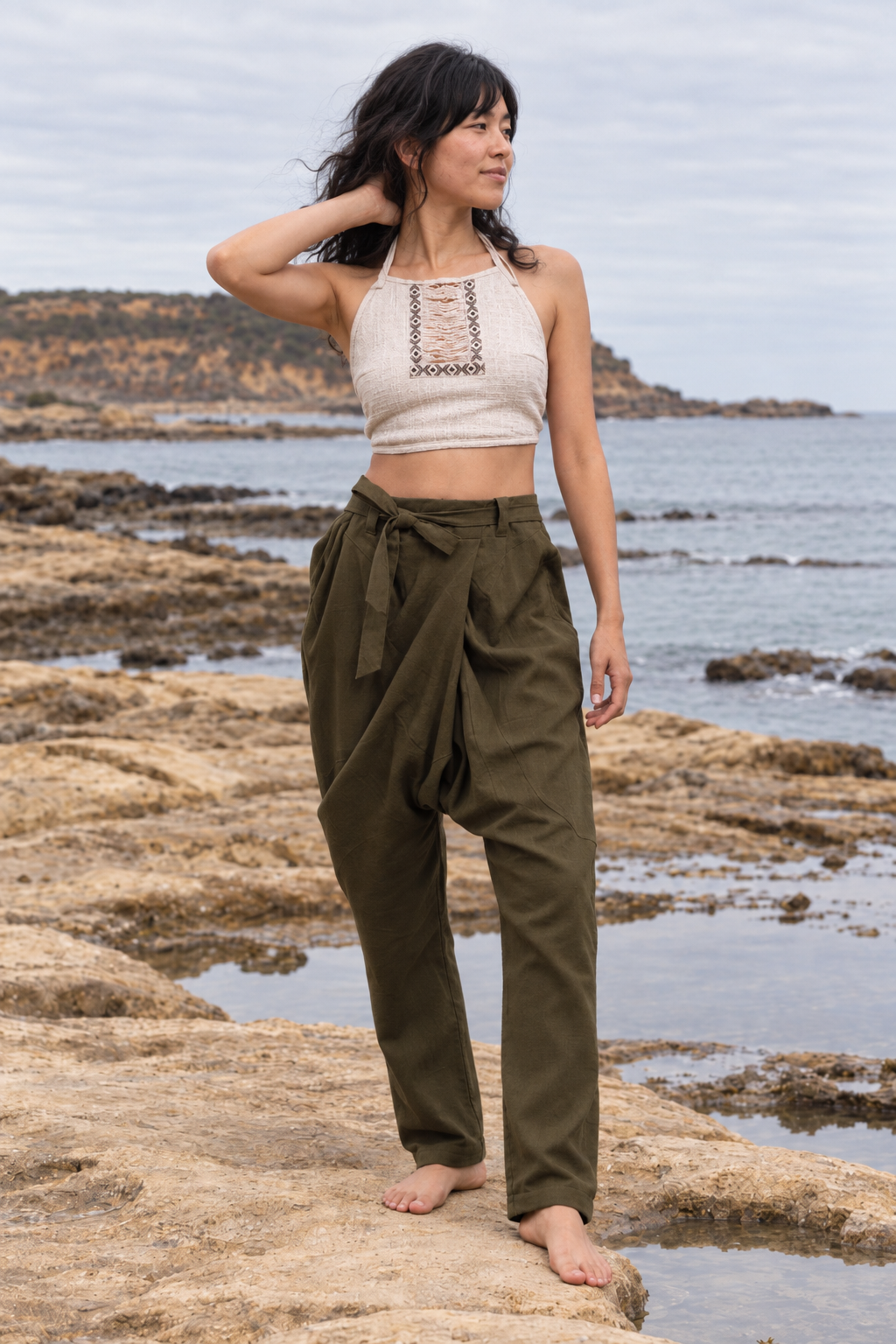 Womens Drop Crotch Afghani Harem Pants Olive Green