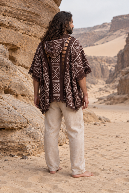 WIZARD Mens Hooded Kimono Vest Brown Tribal Pattern