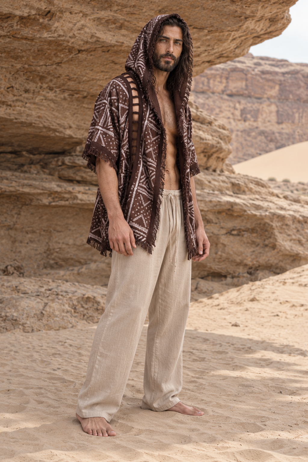 WIZARD Mens Hooded Kimono Vest Brown Tribal Pattern