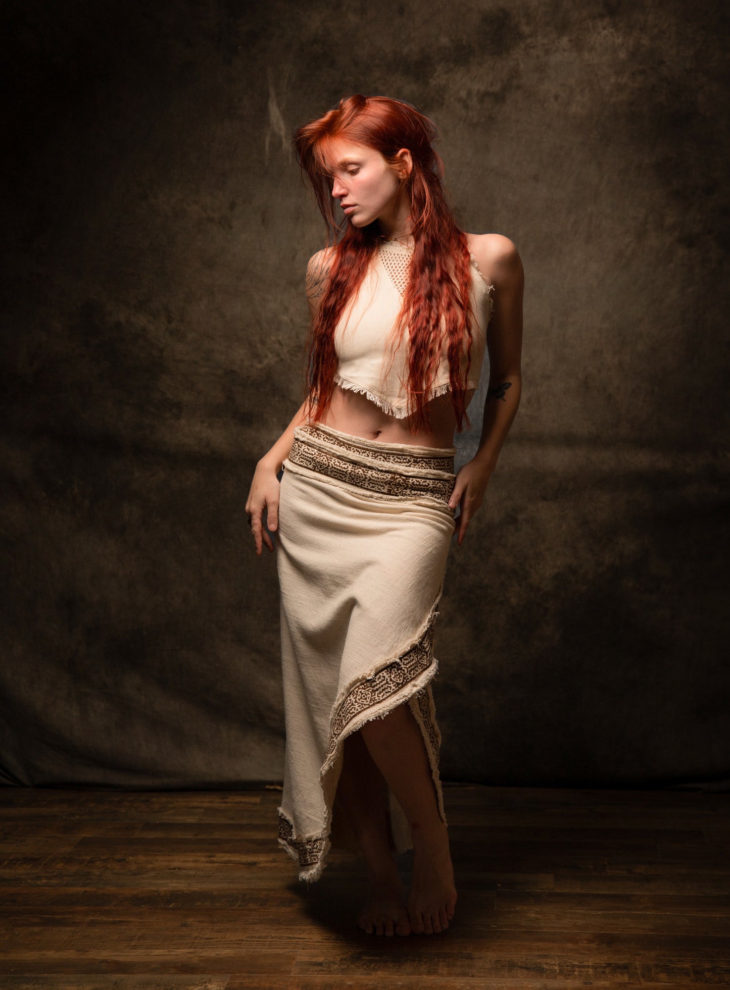 NYRA Wrap Skirt Beige Handmade Natural Cotton Block Printed Tribal Patterns Natural Dyed Fairy Gypsy Boho Festival Ceremony Ritual AJJAYA