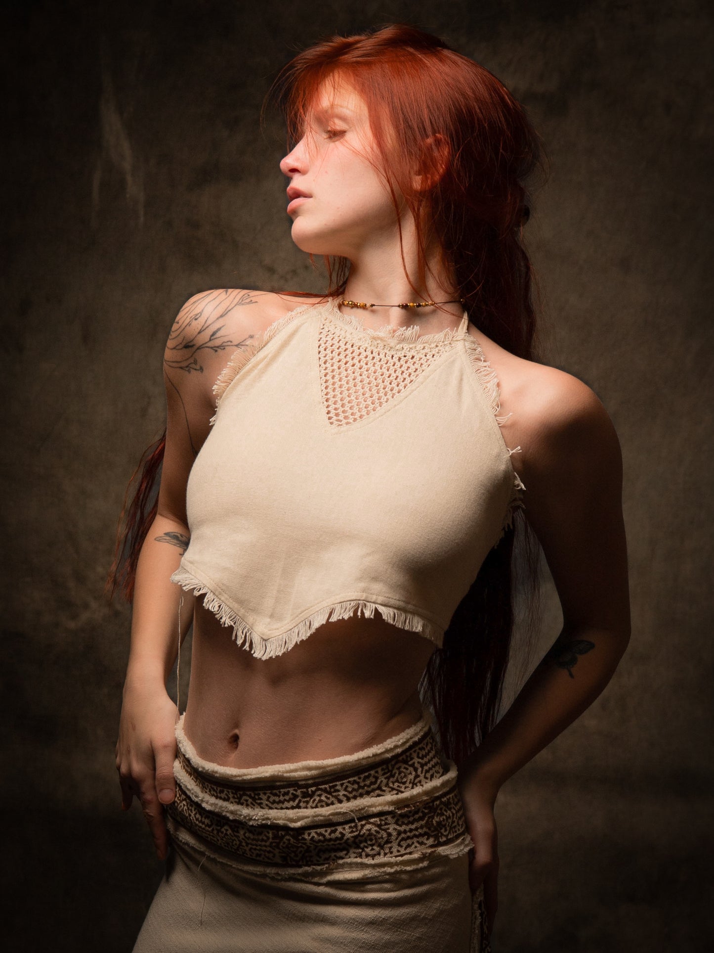 NADYA Crop Top Beige Open Back Sleeveless Natural Cotton Tank Shirt Festival Ceremony Tribal Fairy Boho AJJAYA