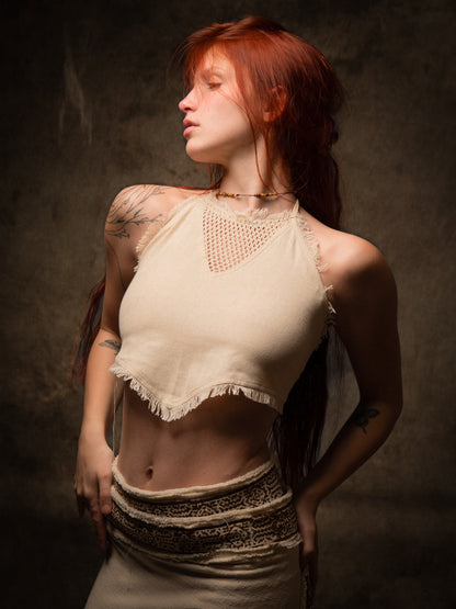 NADYA Crop Top Beige Open Back Sleeveless Natural Cotton Tank Shirt Festival Ceremony Tribal Fairy Boho AJJAYA