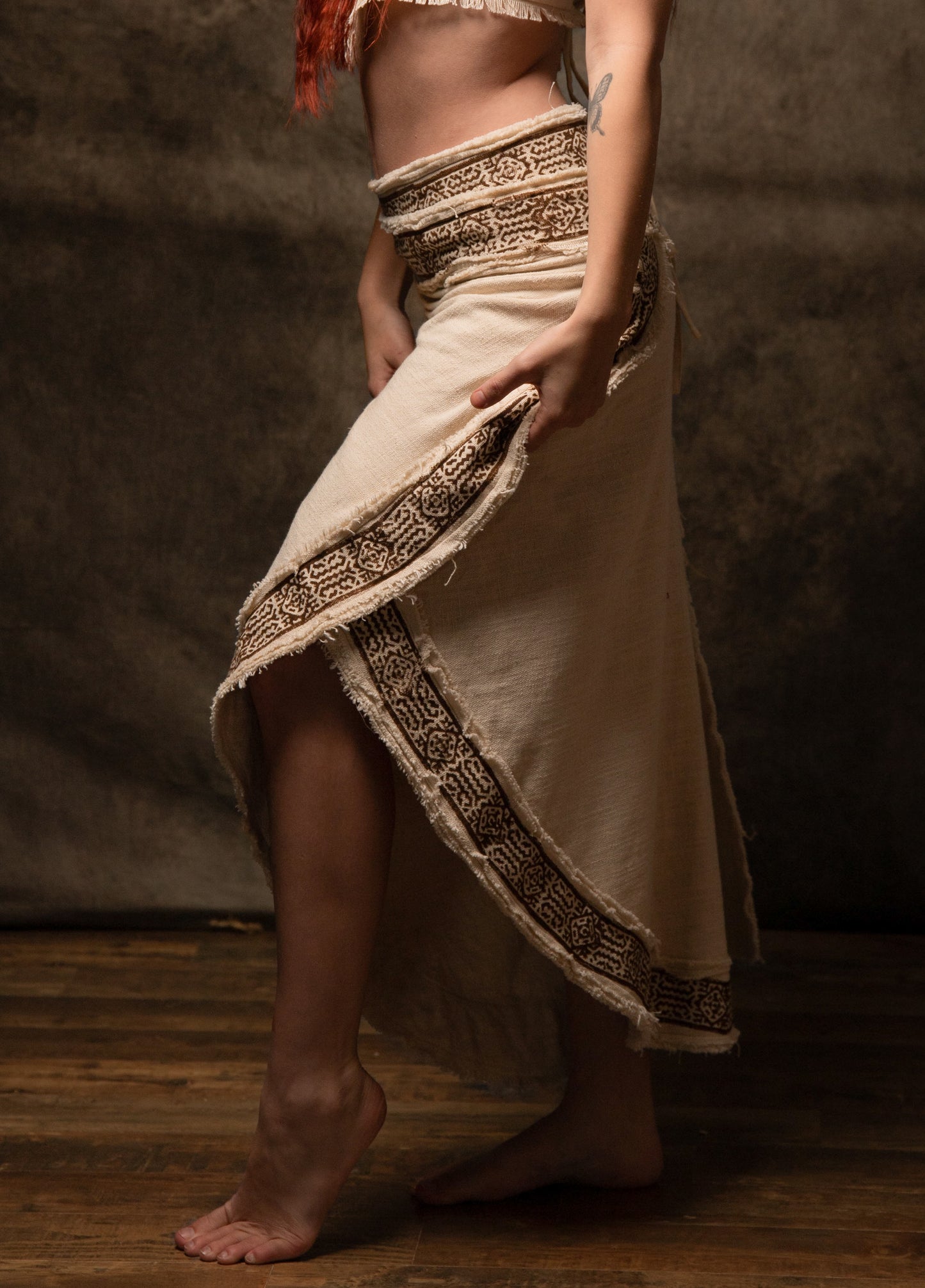 NYRA Wrap Skirt Beige Handmade Natural Cotton Block Printed Tribal Patterns Natural Dyed Fairy Gypsy Boho Festival Ceremony Ritual AJJAYA