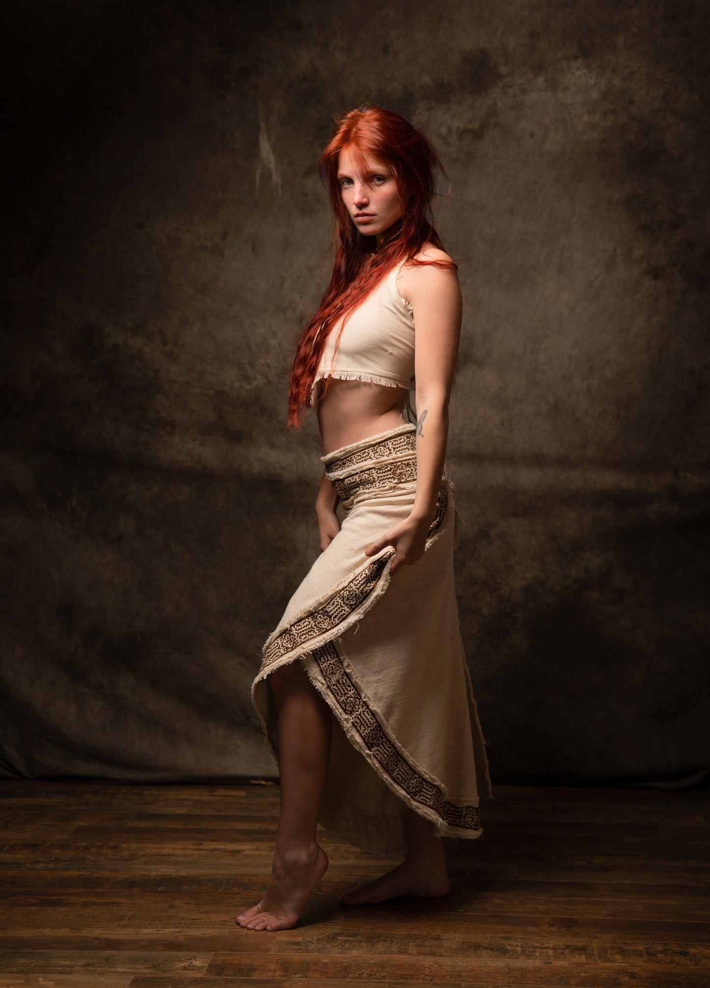 NYRA Wrap Skirt Beige Handmade Natural Cotton Block Printed Tribal Patterns Natural Dyed Fairy Gypsy Boho Festival Ceremony Ritual AJJAYA