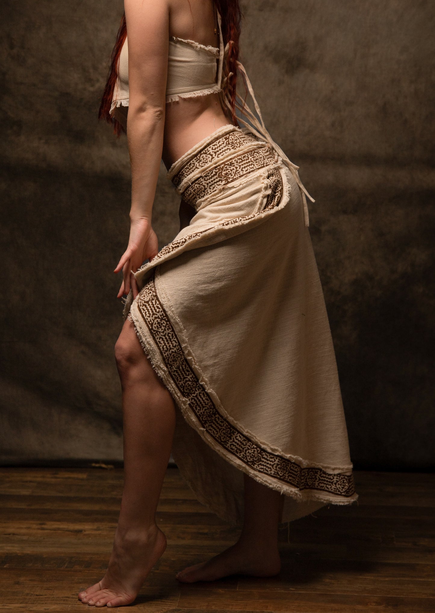 NYRA Wrap Skirt Beige Handmade Natural Cotton Block Printed Tribal Patterns Natural Dyed Fairy Gypsy Boho Festival Ceremony Ritual AJJAYA