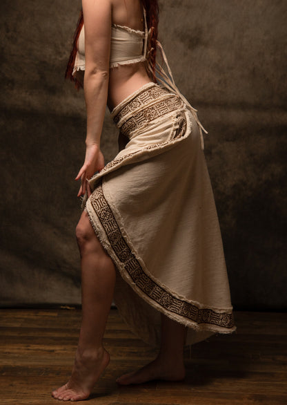 NYRA Wrap Skirt Beige Handmade Natural Cotton Block Printed Tribal Patterns Natural Dyed Fairy Gypsy Boho Festival Ceremony Ritual AJJAYA