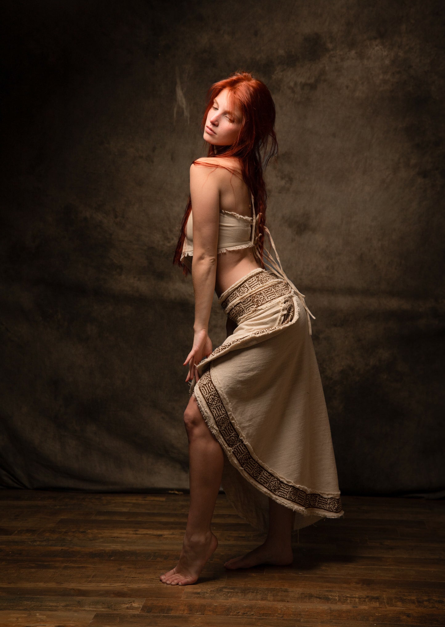 NYRA Wrap Skirt Beige Handmade Natural Cotton Block Printed Tribal Patterns Natural Dyed Fairy Gypsy Boho Festival Ceremony Ritual AJJAYA