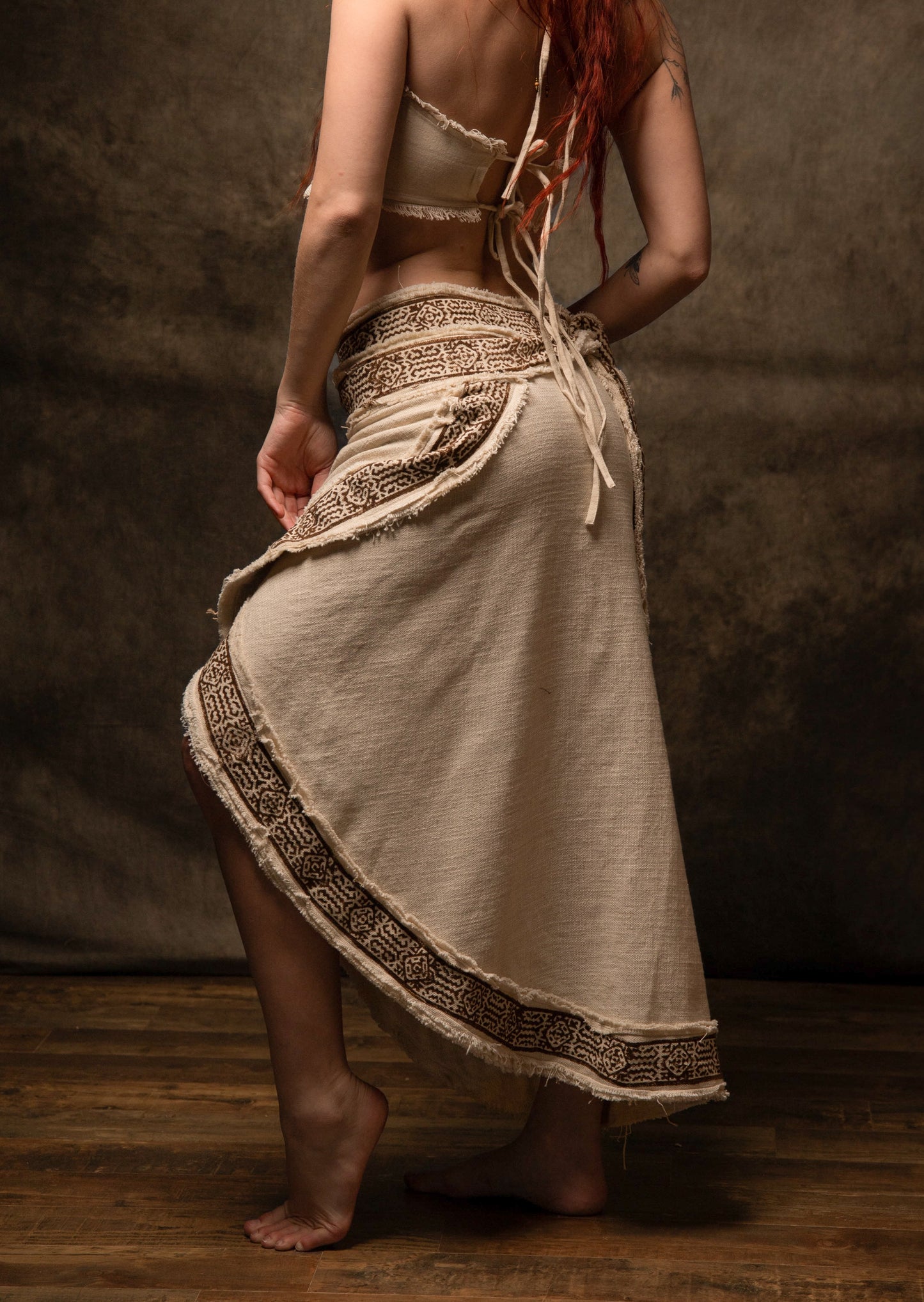 NYRA Wrap Skirt Beige Handmade Natural Cotton Block Printed Tribal Patterns Natural Dyed Fairy Gypsy Boho Festival Ceremony Ritual AJJAYA