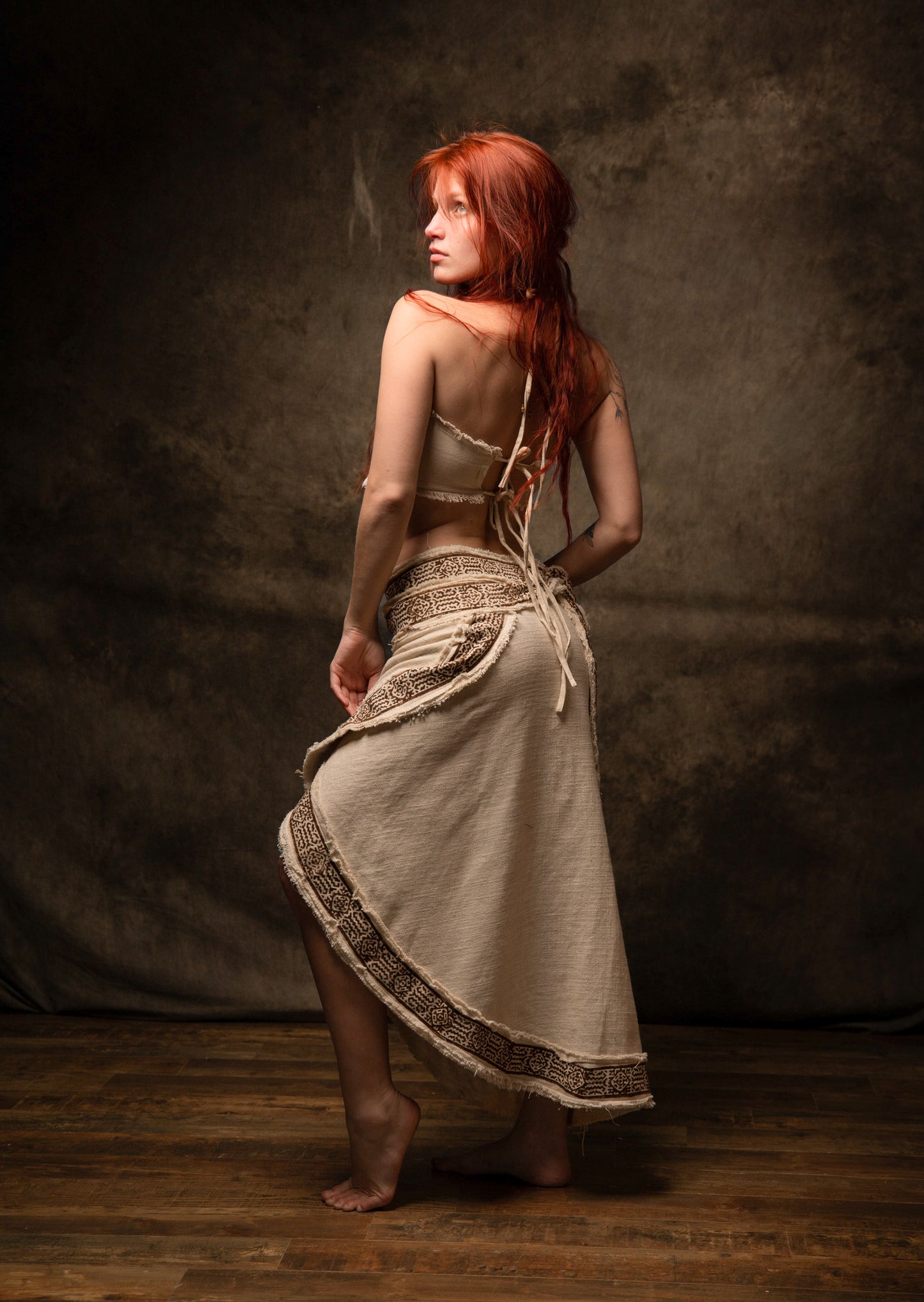 NYRA Wrap Skirt Beige Handmade Natural Cotton Block Printed Tribal Patterns Natural Dyed Fairy Gypsy Boho Festival Ceremony Ritual AJJAYA