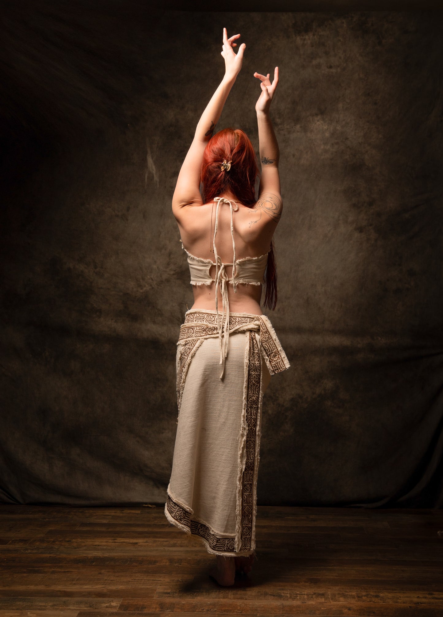 NYRA Wrap Skirt Beige Handmade Natural Cotton Block Printed Tribal Patterns Natural Dyed Fairy Gypsy Boho Festival Ceremony Ritual AJJAYA