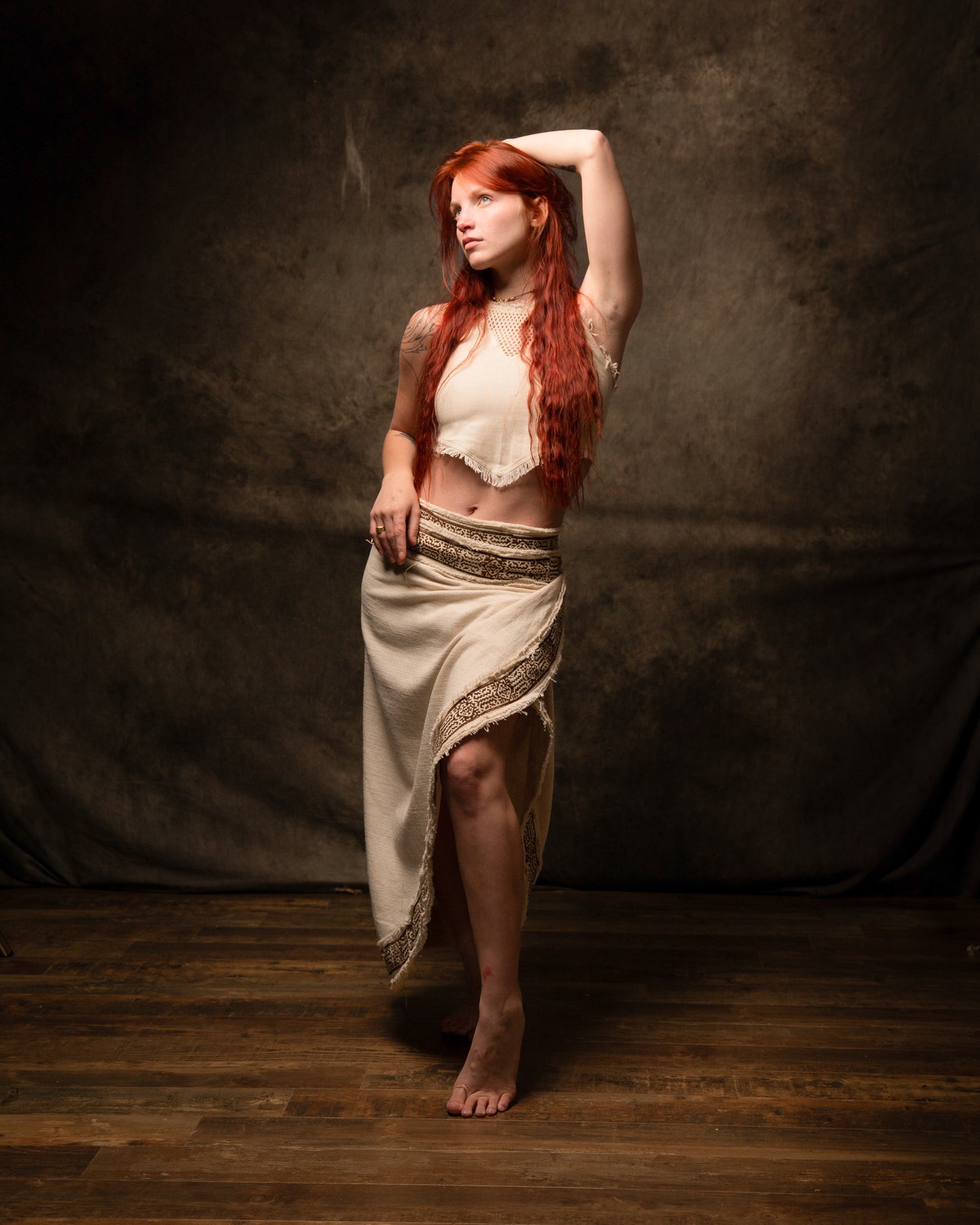 NYRA Wrap Skirt Beige Handmade Natural Cotton Block Printed Tribal Patterns Natural Dyed Fairy Gypsy Boho Festival Ceremony Ritual AJJAYA