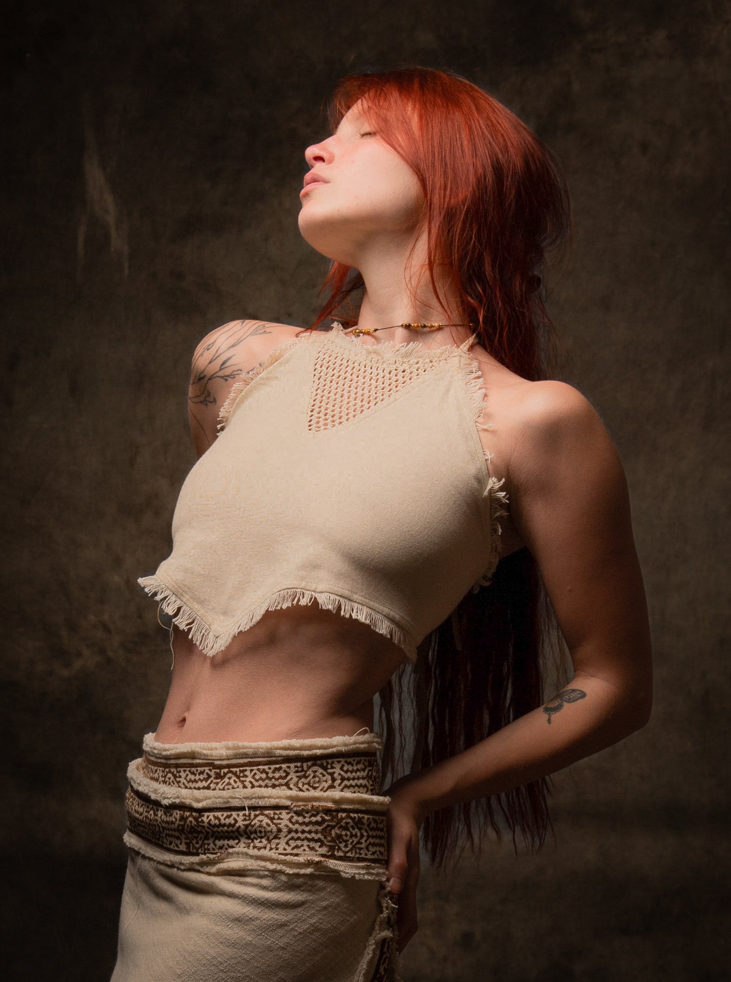 NADYA Crop Top Beige Open Back Sleeveless Natural Cotton Tank Shirt Festival Ceremony Tribal Fairy Boho AJJAYA