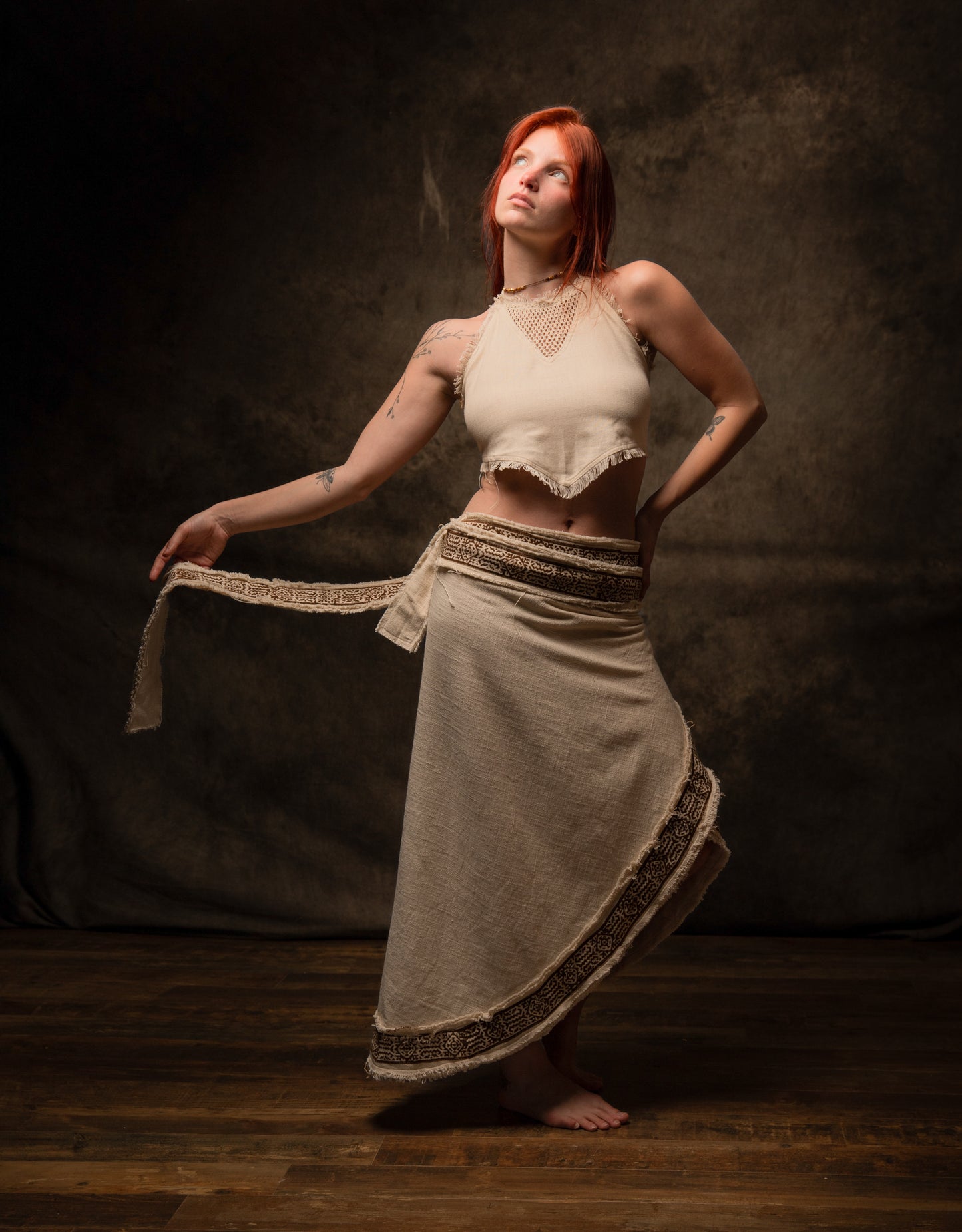 NYRA Wrap Skirt Beige Handmade Natural Cotton Block Printed Tribal Patterns Natural Dyed Fairy Gypsy Boho Festival Ceremony Ritual AJJAYA