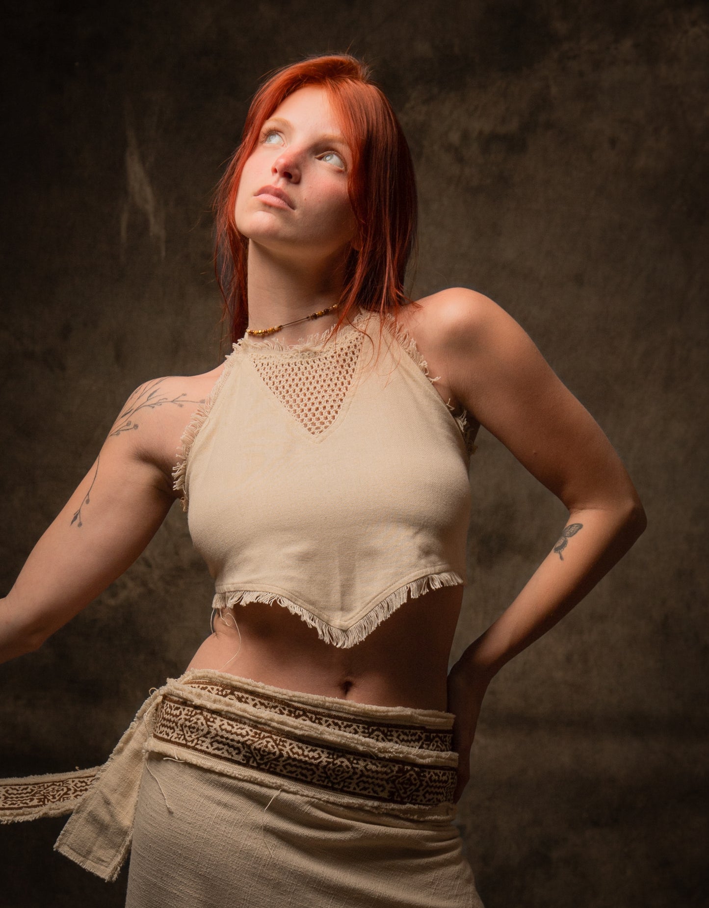 NADYA Crop Top Beige Open Back Sleeveless Natural Cotton Tank Shirt Festival Ceremony Tribal Fairy Boho AJJAYA