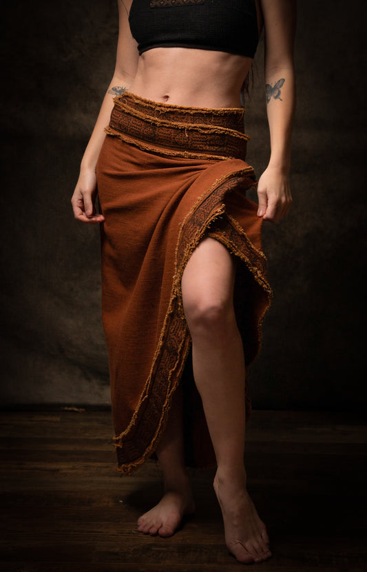 NYRA Wrap Skirt Rust Handmade Natural Cotton Block Printed Tribal Patterns Natural Dyed Fairy Gypsy Boho Festival Ceremony Ritual AJJAYA