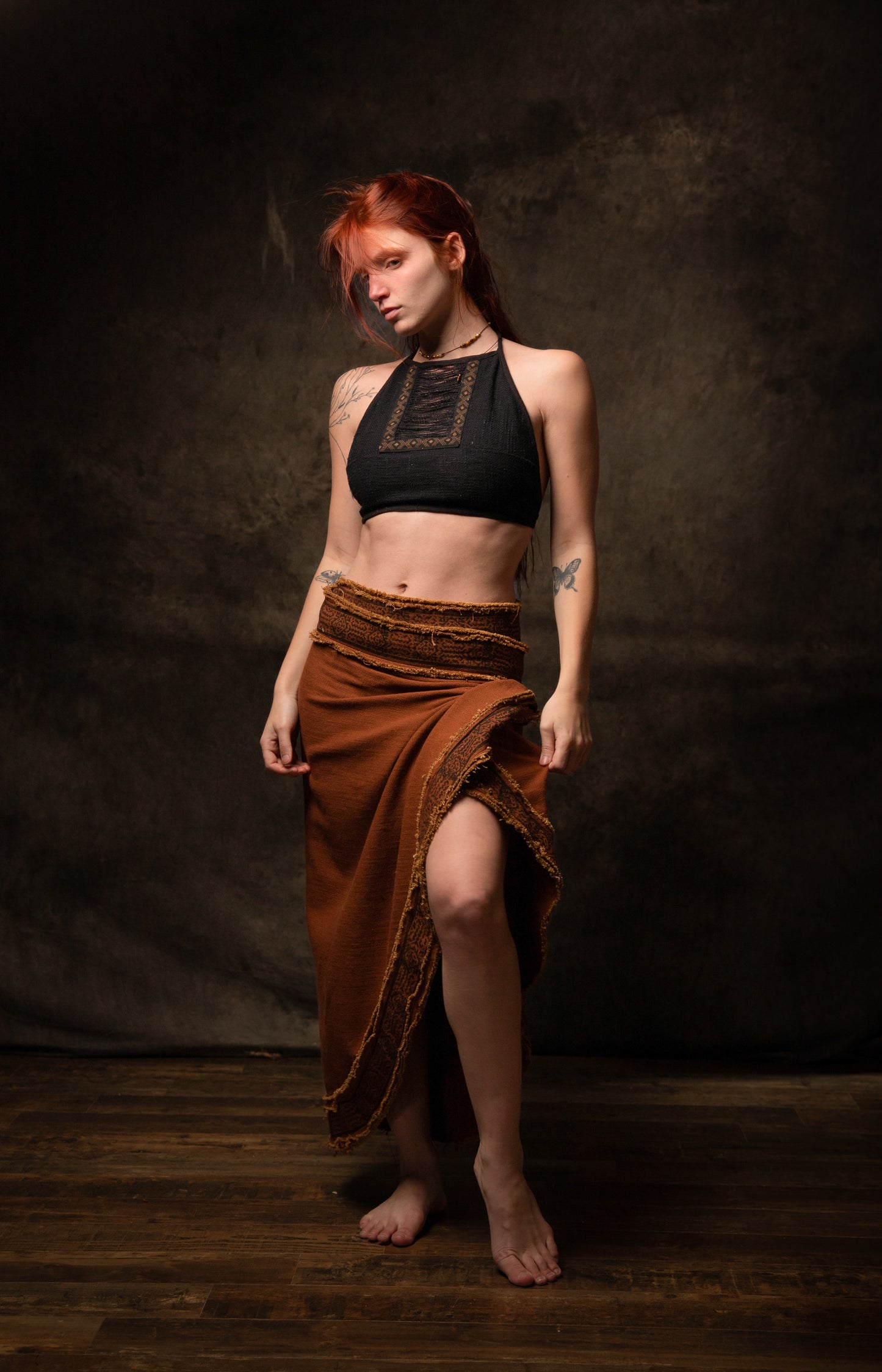 NYRA Wrap Skirt Rust Handmade Natural Cotton Block Printed Tribal Patterns Natural Dyed Fairy Gypsy Boho Festival Ceremony Ritual AJJAYA