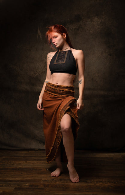 NYRA Wrap Skirt Rust Handmade Natural Cotton Block Printed Tribal Patterns Natural Dyed Fairy Gypsy Boho Festival Ceremony Ritual AJJAYA