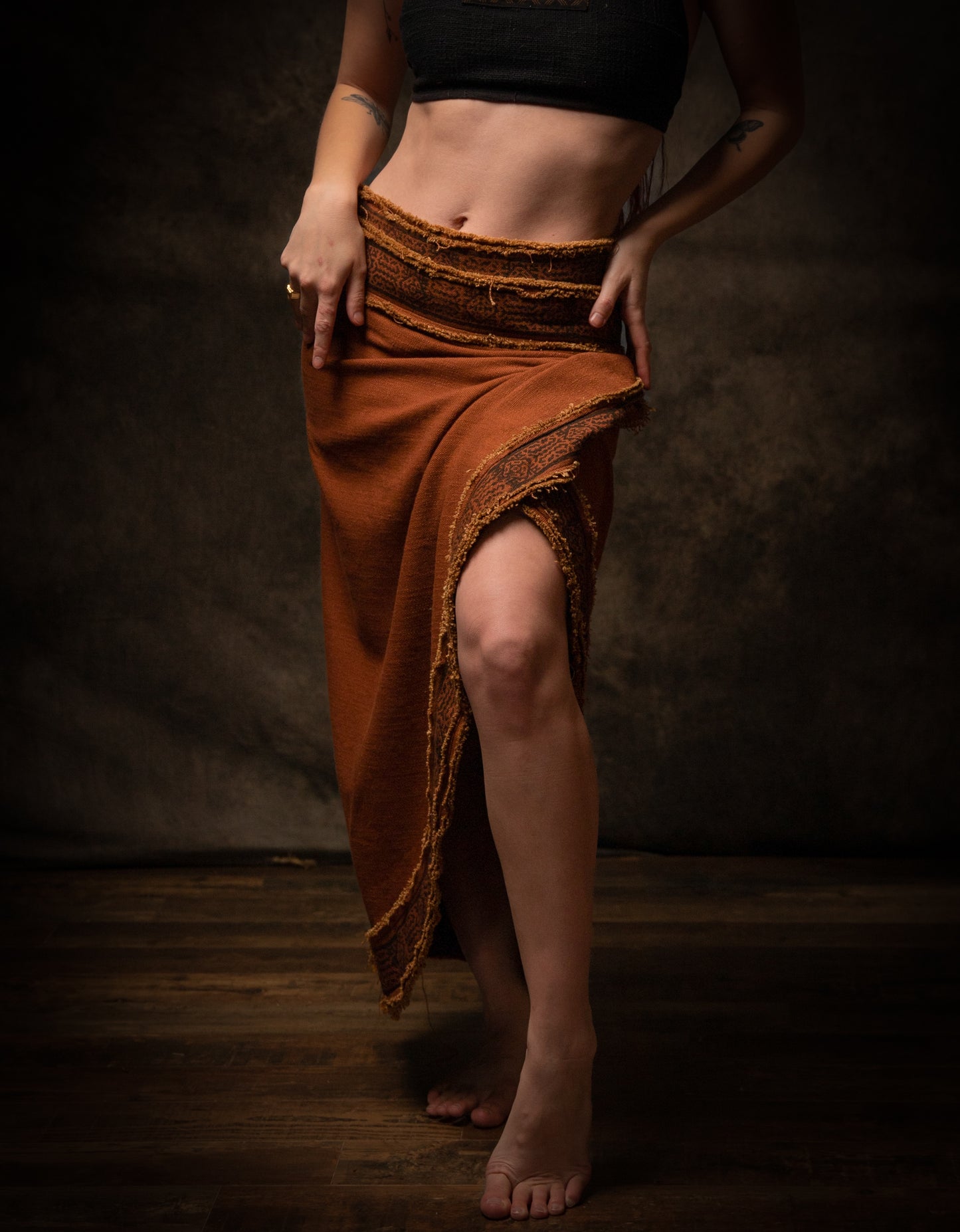 NYRA Wrap Skirt Rust Handmade Natural Cotton Block Printed Tribal Patterns Natural Dyed Fairy Gypsy Boho Festival Ceremony Ritual AJJAYA