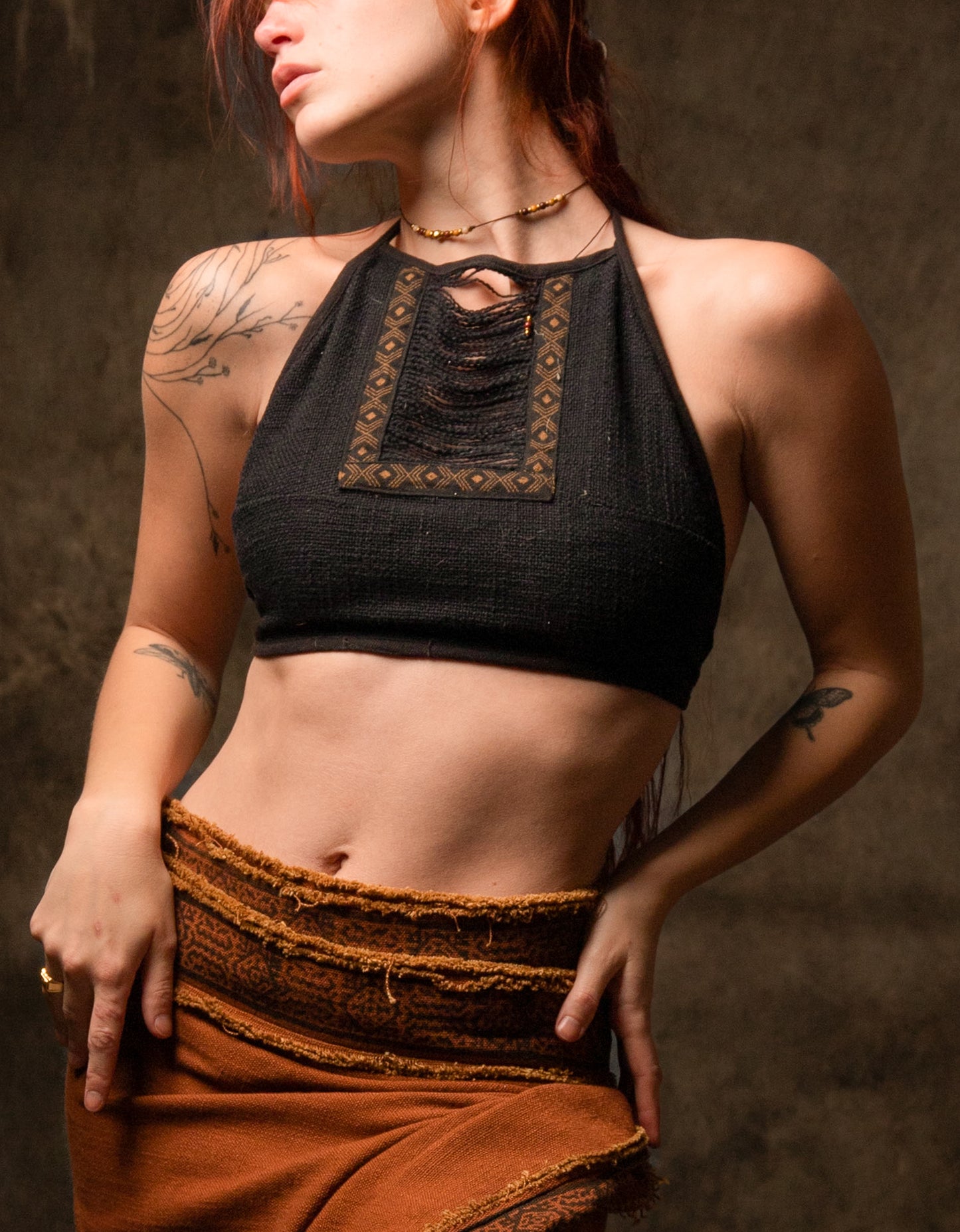 EIRINI Crop Top Yoga Black Sleeveless Natural Cotton Tank Shirt Festival Ceremony Tribal Fairy Boho AJJAYA