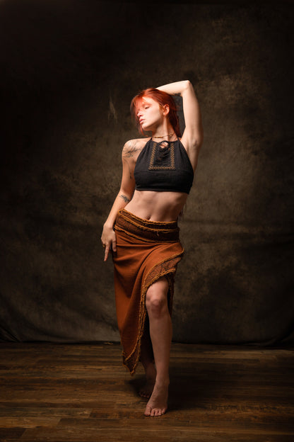 EIRINI Crop Top Yoga Black Sleeveless Natural Cotton Tank Shirt Festival Ceremony Tribal Fairy Boho AJJAYA