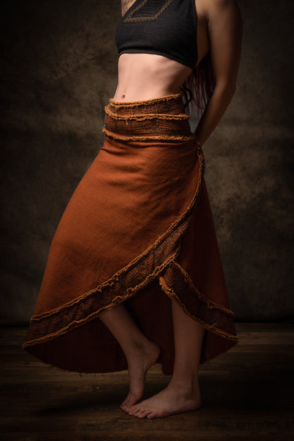 NYRA Wrap Skirt Rust Handmade Natural Cotton Block Printed Tribal Patterns Natural Dyed Fairy Gypsy Boho Festival Ceremony Ritual AJJAYA