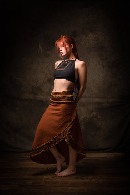 NYRA Wrap Skirt Rust Handmade Natural Cotton Block Printed Tribal Patterns Natural Dyed Fairy Gypsy Boho Festival Ceremony Ritual AJJAYA