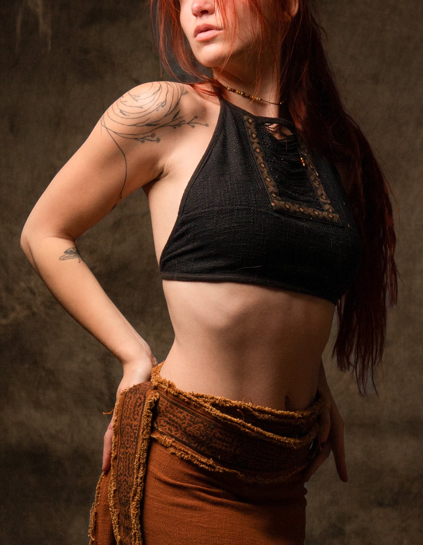 EIRINI Crop Top Yoga Black Sleeveless Natural Cotton Tank Shirt Festival Ceremony Tribal Fairy Boho AJJAYA