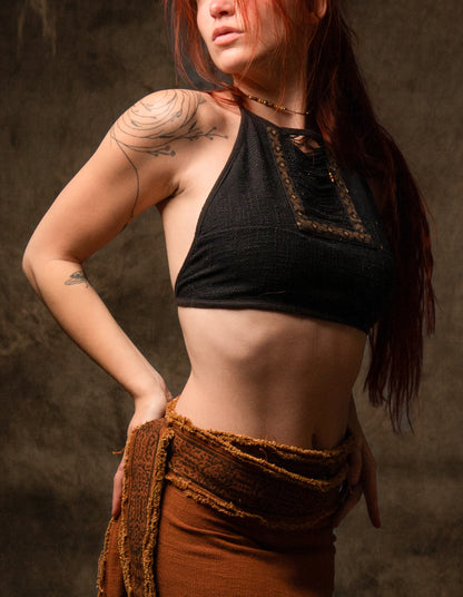 EIRINI Crop Top Yoga Black Sleeveless Natural Cotton Tank Shirt Festival Ceremony Tribal Fairy Boho AJJAYA