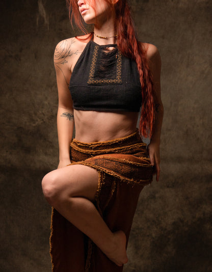 EIRINI Crop Top Yoga Black Sleeveless Natural Cotton Tank Shirt Festival Ceremony Tribal Fairy Boho AJJAYA