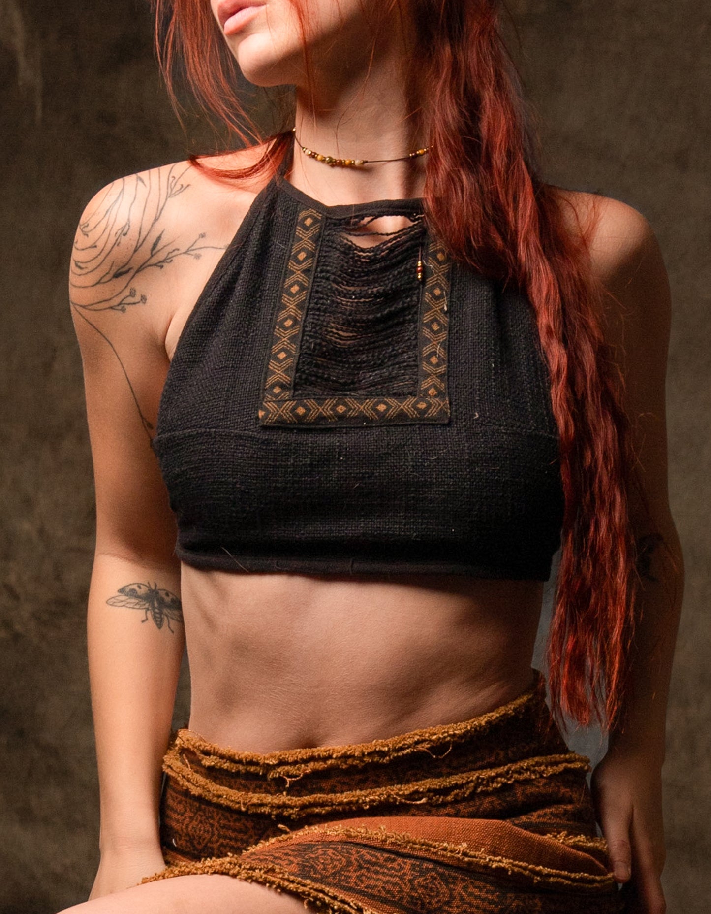 EIRINI Crop Top Yoga Black Sleeveless Natural Cotton Tank Shirt Festival Ceremony Tribal Fairy Boho AJJAYA