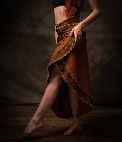 NYRA Wrap Skirt Rust Handmade Natural Cotton Block Printed Tribal Patterns Natural Dyed Fairy Gypsy Boho Festival Ceremony Ritual AJJAYA