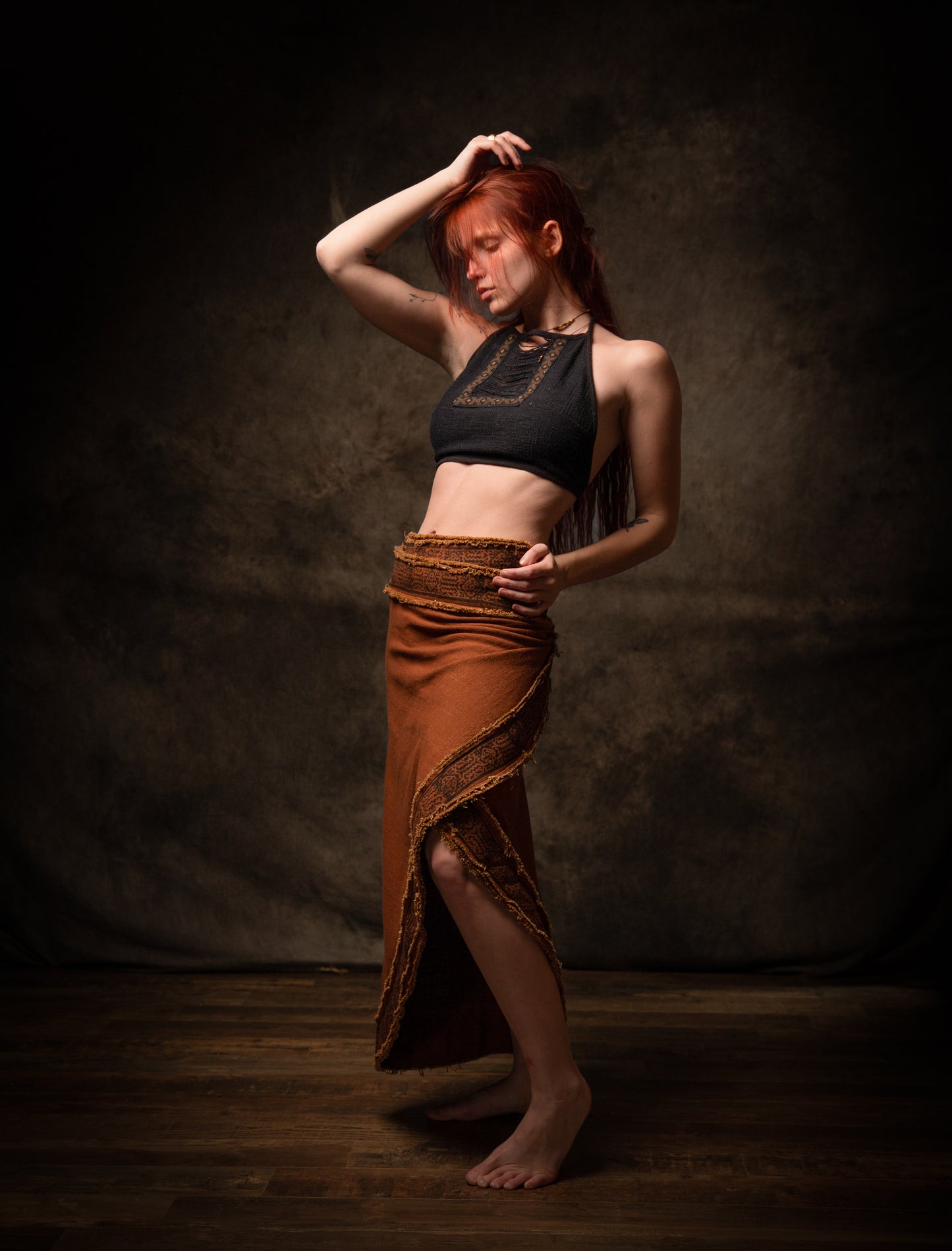 NYRA Wrap Skirt Rust Handmade Natural Cotton Block Printed Tribal Patterns Natural Dyed Fairy Gypsy Boho Festival Ceremony Ritual AJJAYA