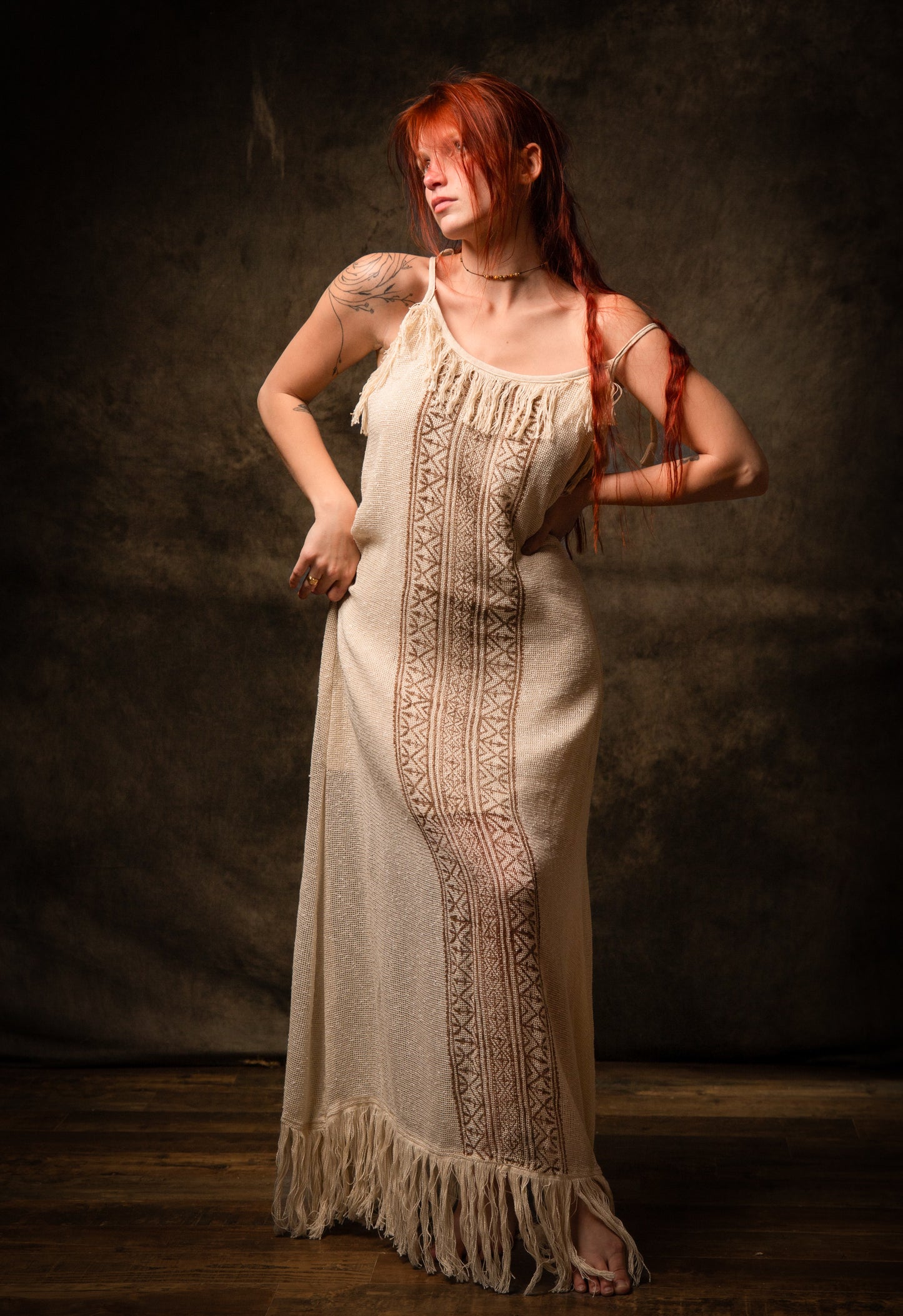 ORENDA Evening Maxi Dress Beige Ankle Length Natural Dyed Cotton Block Printed Patterns Ceremony Fairy Gypsy Boho Festival AJJAYA