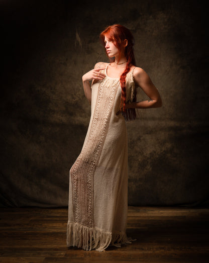 ORENDA Evening Maxi Dress Beige Ankle Length Natural Dyed Cotton Block Printed Patterns Ceremony Fairy Gypsy Boho Festival AJJAYA