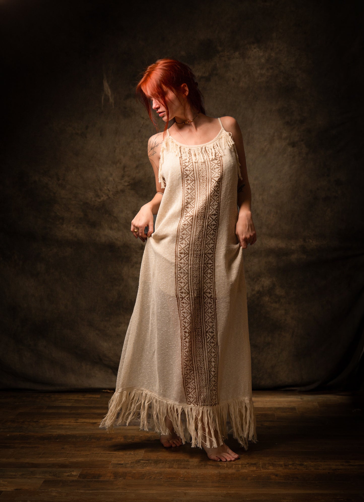 ORENDA Evening Maxi Dress Beige Ankle Length Natural Dyed Cotton Block Printed Patterns Ceremony Fairy Gypsy Boho Festival AJJAYA