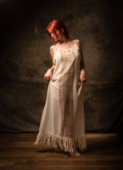 ORENDA Evening Maxi Dress Beige Ankle Length Natural Dyed Cotton Block Printed Patterns Ceremony Fairy Gypsy Boho Festival AJJAYA