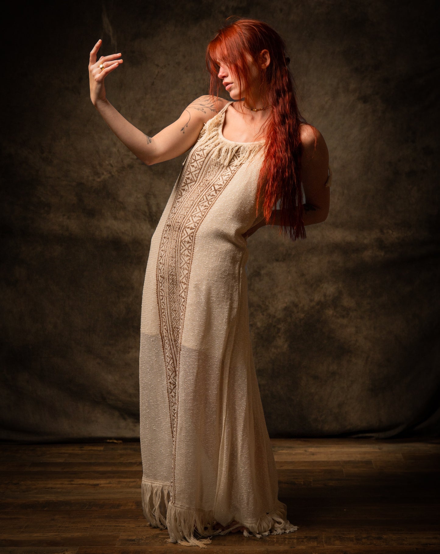 ORENDA Evening Maxi Dress Beige Ankle Length Natural Dyed Cotton Block Printed Patterns Ceremony Fairy Gypsy Boho Festival AJJAYA