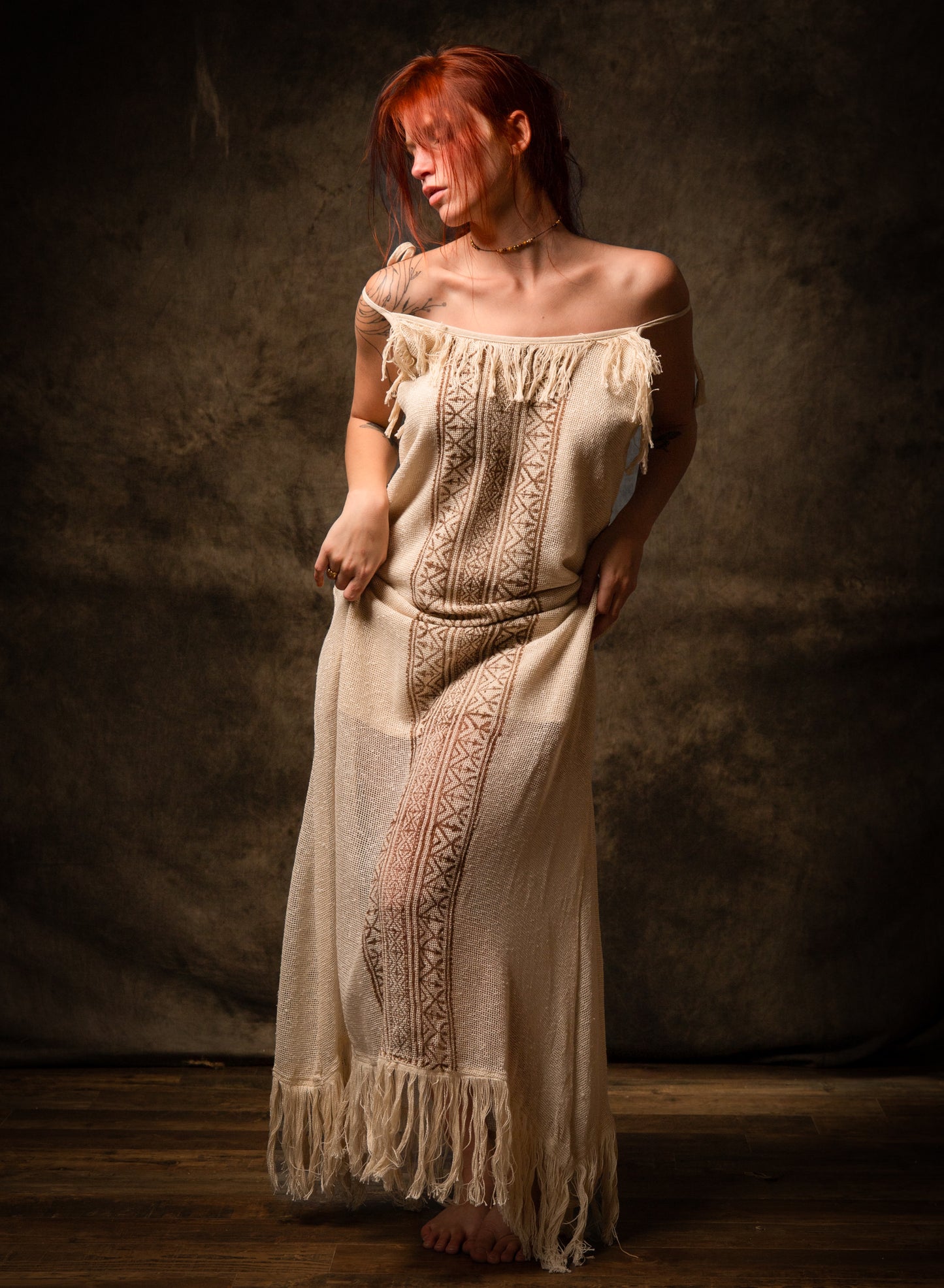 ORENDA Evening Maxi Dress Beige Ankle Length Natural Dyed Cotton Block Printed Patterns Ceremony Fairy Gypsy Boho Festival AJJAYA