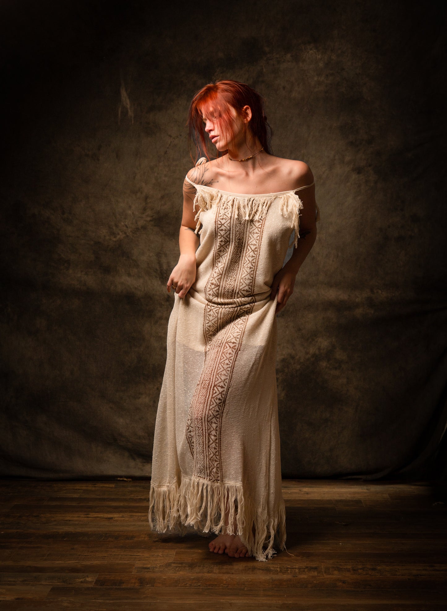 ORENDA Evening Maxi Dress Beige Ankle Length Natural Dyed Cotton Block Printed Patterns Ceremony Fairy Gypsy Boho Festival AJJAYA