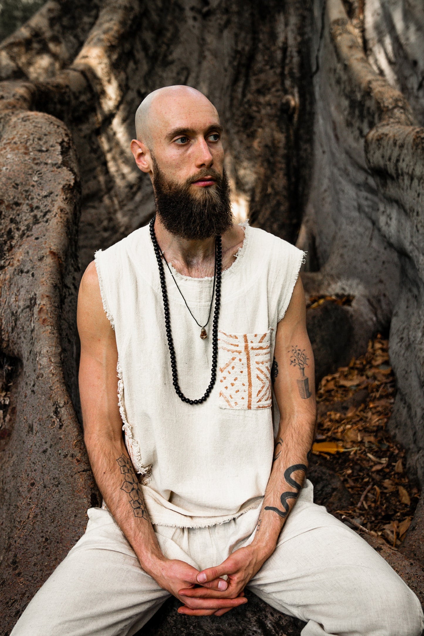 男式背心手工米色 Neo Gypsy 无袖朴实上衣衬衫，部落丛林自然野蛮脖子节日狂欢 AJJAYA 游牧原始