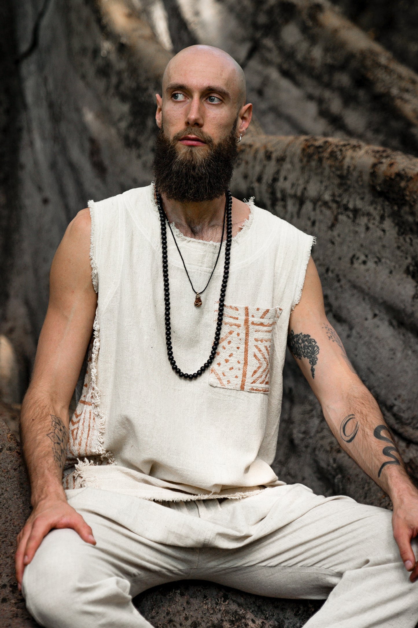 男式背心手工米色 Neo Gypsy 无袖朴实上衣衬衫，部落丛林自然野蛮脖子节日狂欢 AJJAYA 游牧原始