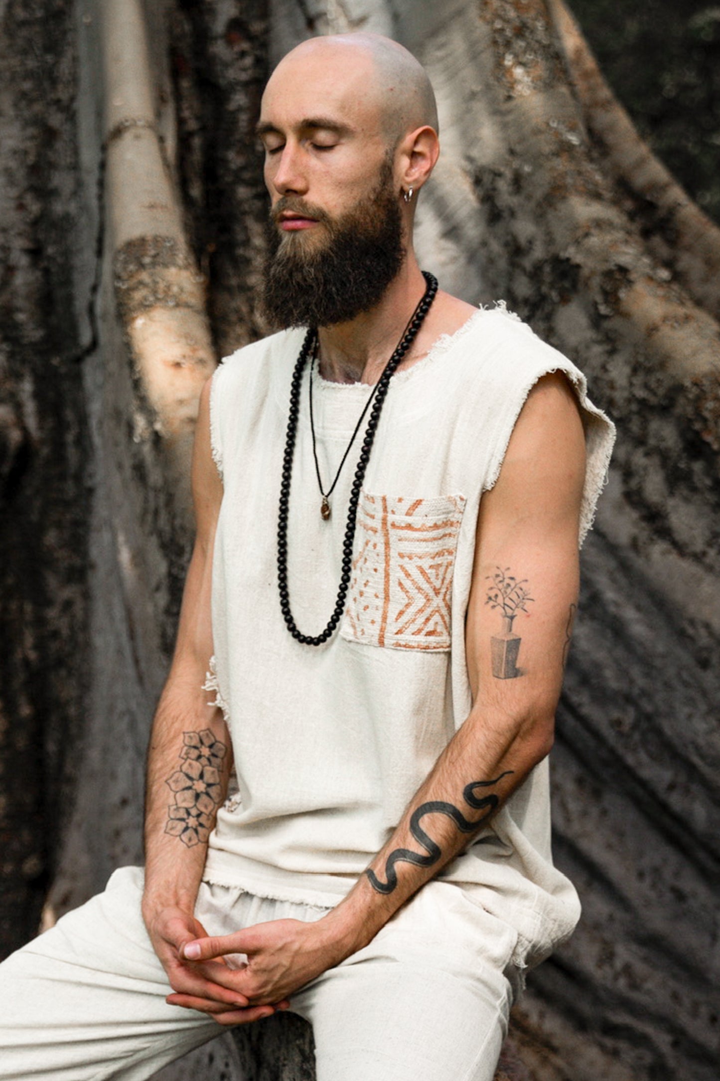 男式背心手工米色 Neo Gypsy 无袖朴实上衣衬衫，部落丛林自然野蛮脖子节日狂欢 AJJAYA 游牧原始