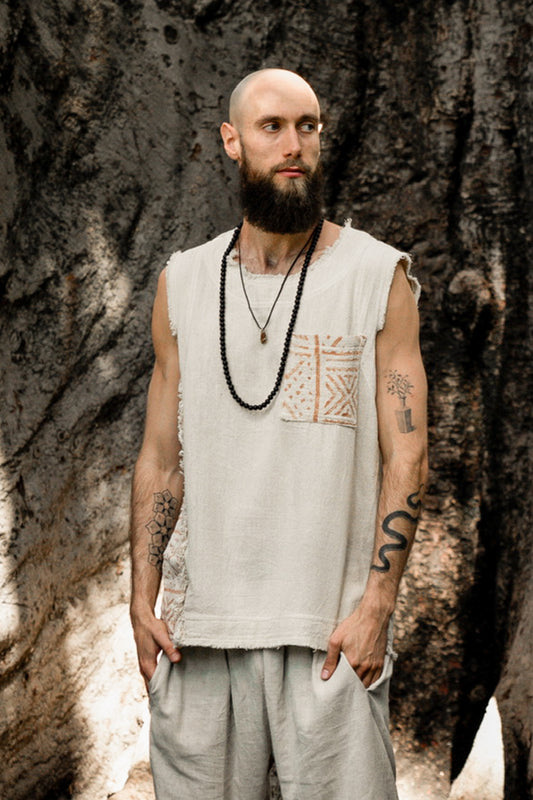 AGUN Mens Tank Top Handmade Beige Sleeveless Earthy Top Shirt, Tribal Jungle Natural Savage Neck Festival Rave AJJAYA Nomadic Primitive