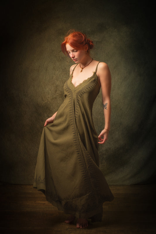 SELENA Olive Green Maxi Long Dress Goddess Open Back Cotton Festival Boho Naturally Dyed Block Printed Tribal Hippie Patterns Earthy AJJAYA